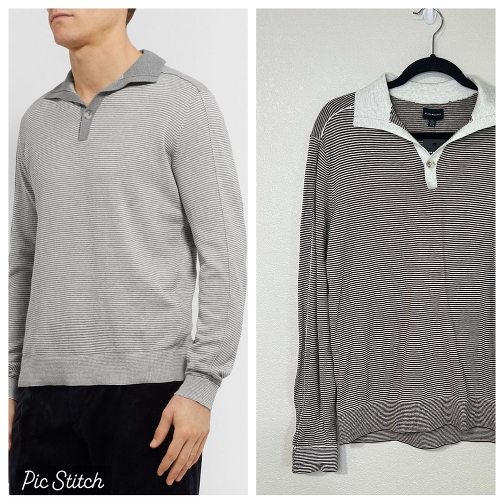 Club Monaco Brown & White Stripped Lightweight Collared Sweater